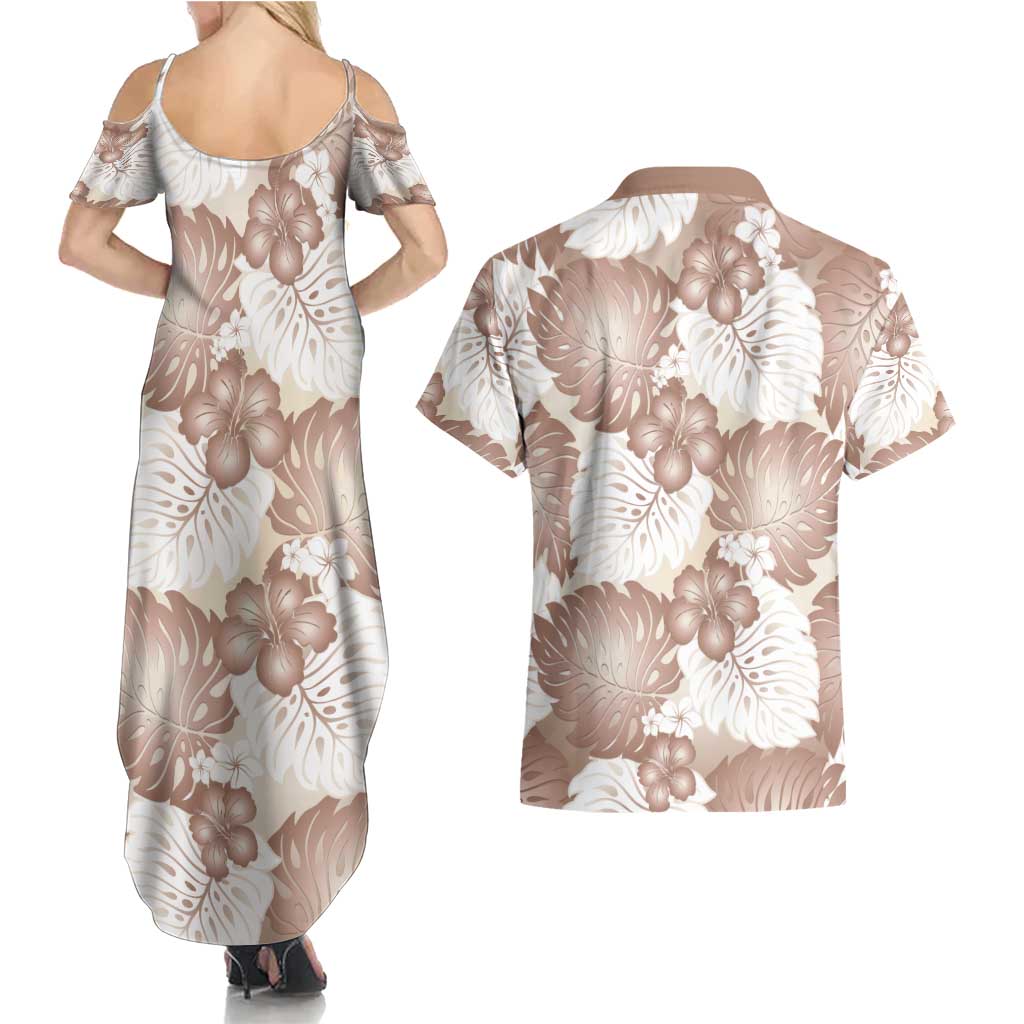 Mocha Mousse Aloha Hawaii Couples Matching Summer Maxi Dress and Hawaiian Shirt Monstera Hibiscus Plumeria Seamless Vibes - Polynesian Pride