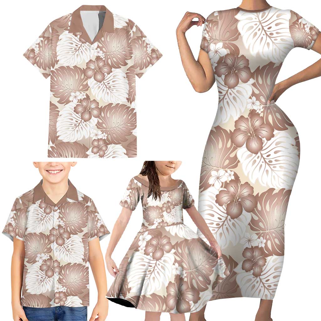 Mocha Mousse Aloha Hawaii Family Matching Short Sleeve Bodycon Dress and Hawaiian Shirt Monstera Hibiscus Plumeria Seamless Vibes - Polynesian Pride