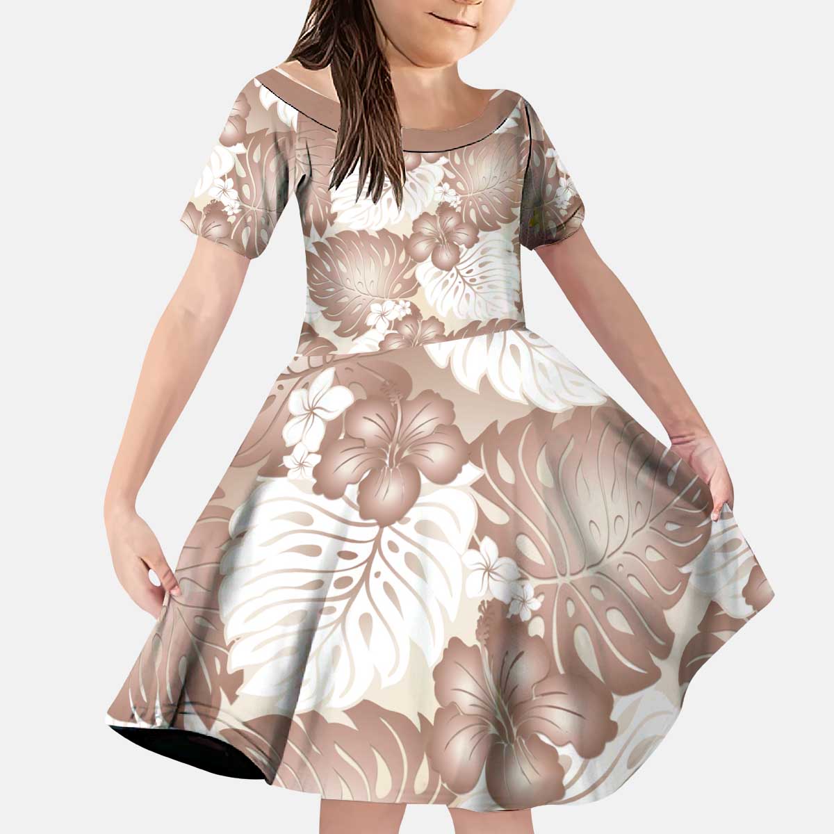 Mocha Mousse Aloha Hawaii Kid Short Sleeve Dress Monstera Hibiscus Plumeria Seamless Vibes - Polynesian Pride
