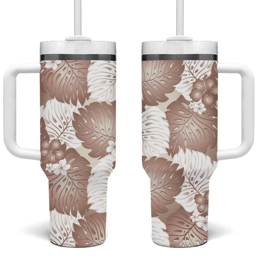 Mocha Mousse Aloha Hawaii Tumbler With Handle Monstera Hibiscus Plumeria Seamless Vibes - Polynesian Pride