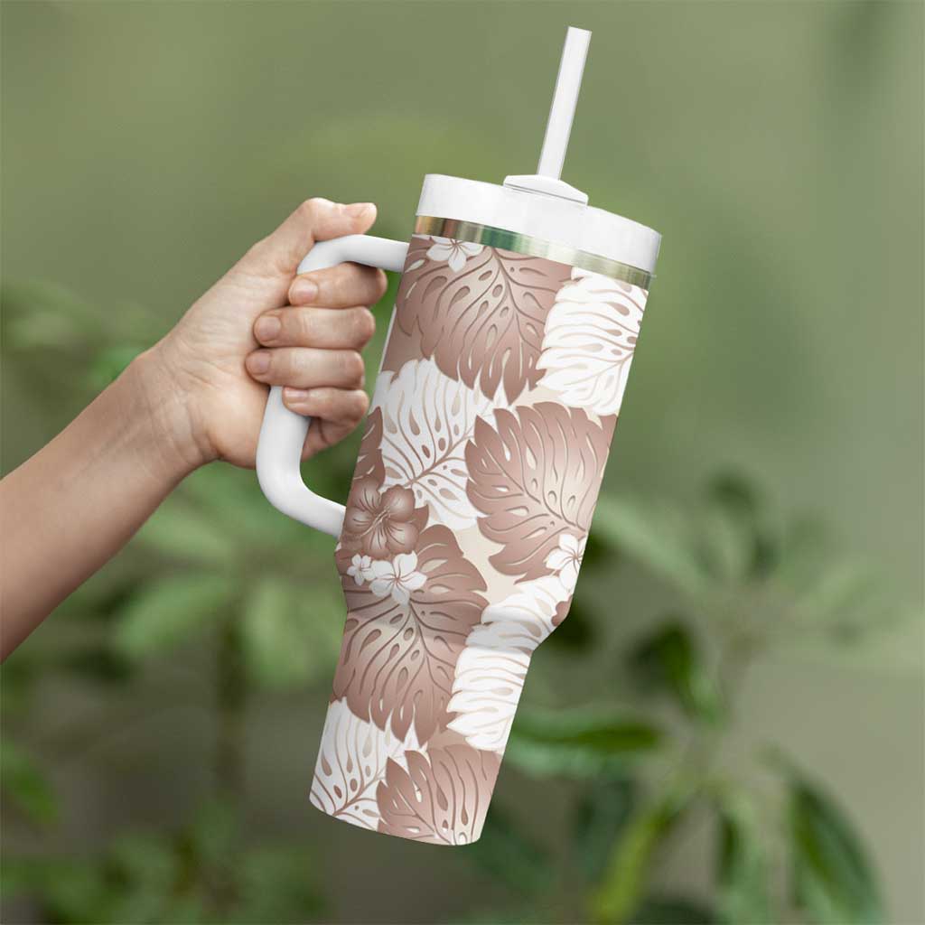 Mocha Mousse Aloha Hawaii Tumbler With Handle Monstera Hibiscus Plumeria Seamless Vibes - Polynesian Pride