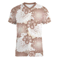 Mocha Mousse Aloha Hawaii Women V-Neck T-Shirt Monstera Hibiscus Plumeria Seamless Vibes - Polynesian Pride