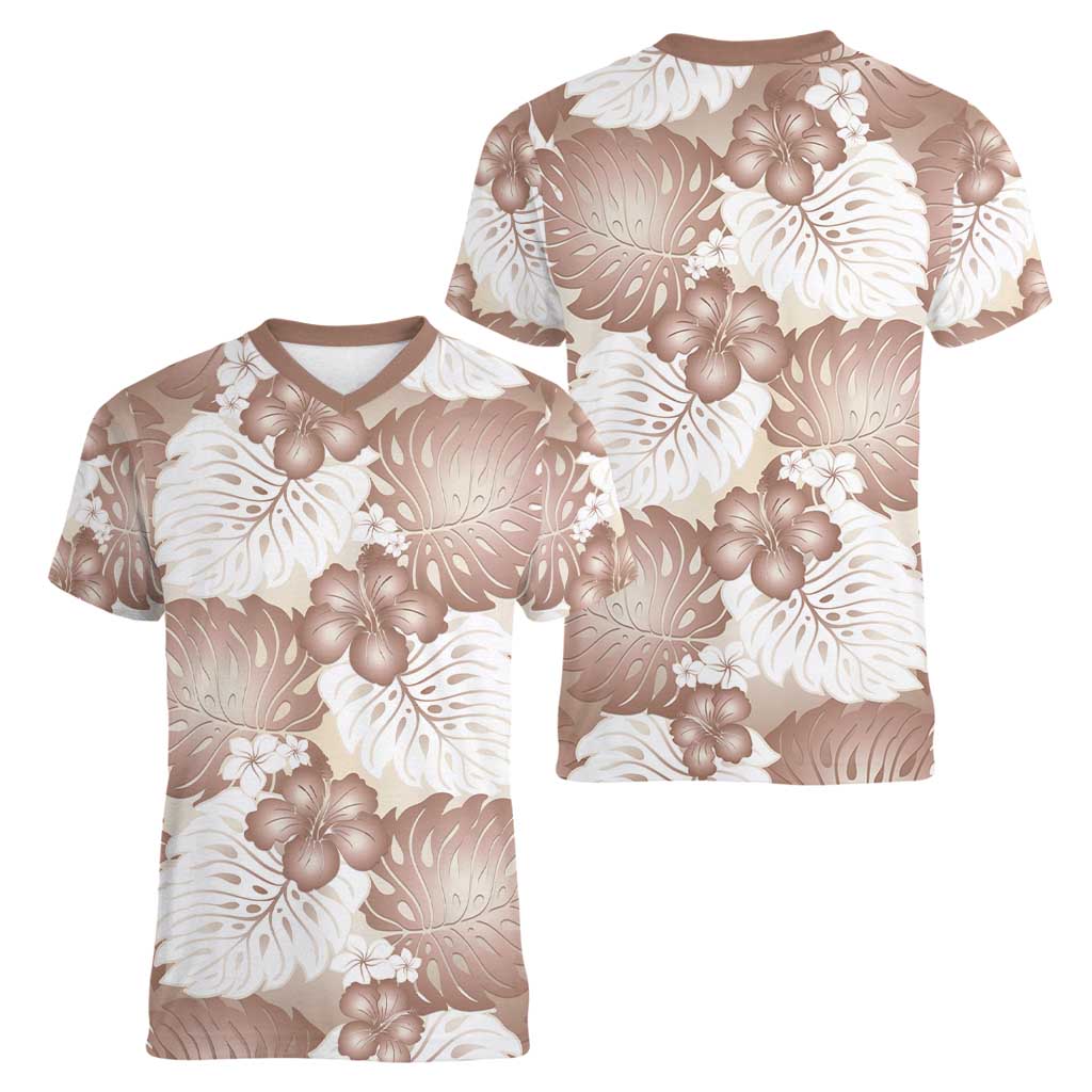 Mocha Mousse Aloha Hawaii Women V-Neck T-Shirt Monstera Hibiscus Plumeria Seamless Vibes - Polynesian Pride
