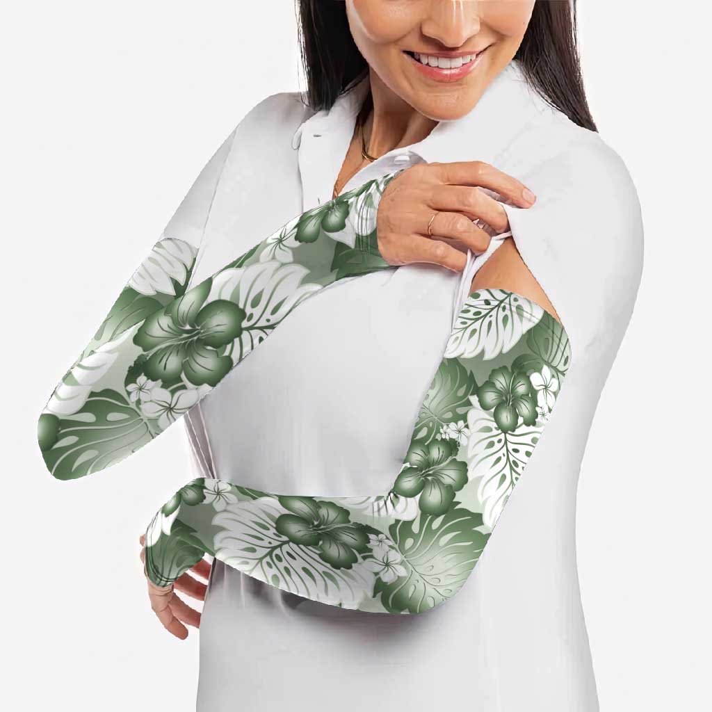 Sage Green Aloha Hawaii Arm Sleeves Monstera Hibiscus Plumeria Seamless Vibes - Polynesian Pride