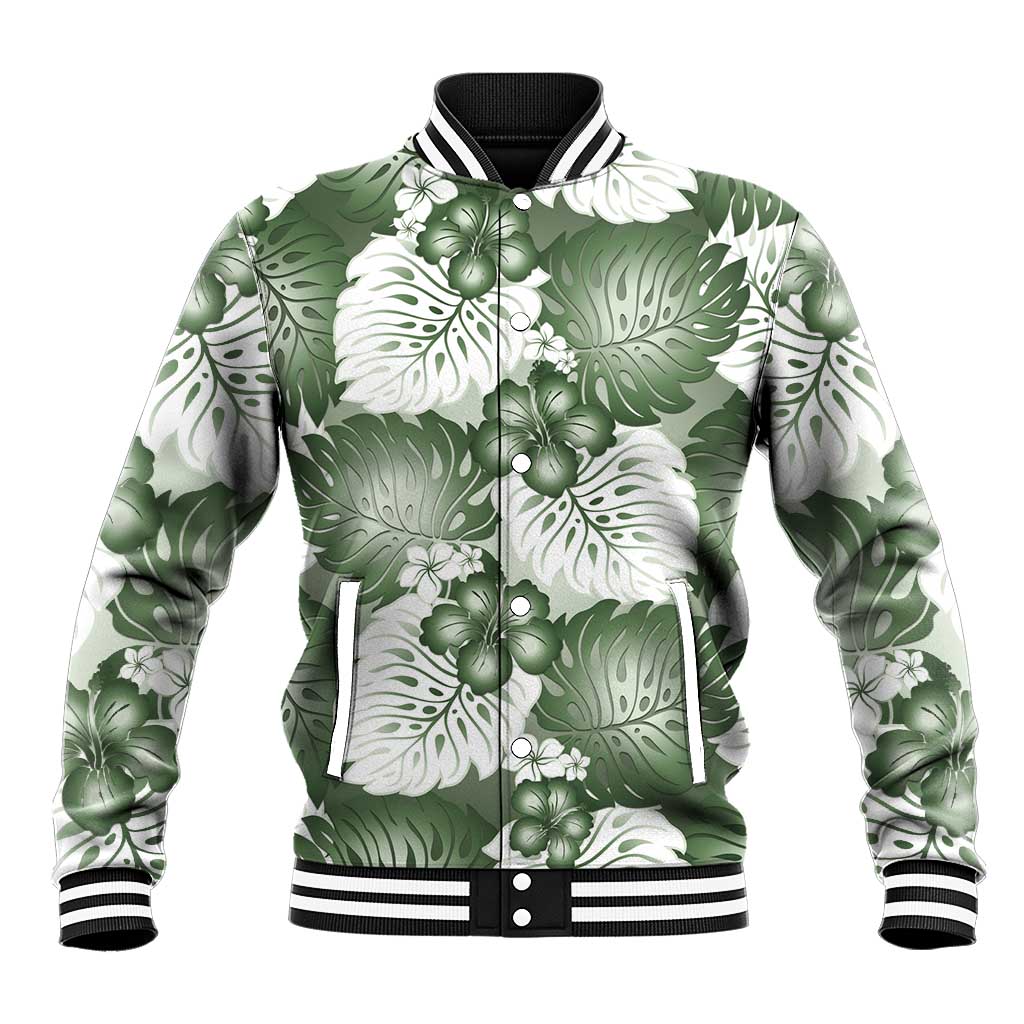 Sage Green Aloha Hawaii Baseball Jacket Monstera Hibiscus Plumeria Seamless Vibes - Polynesian Pride