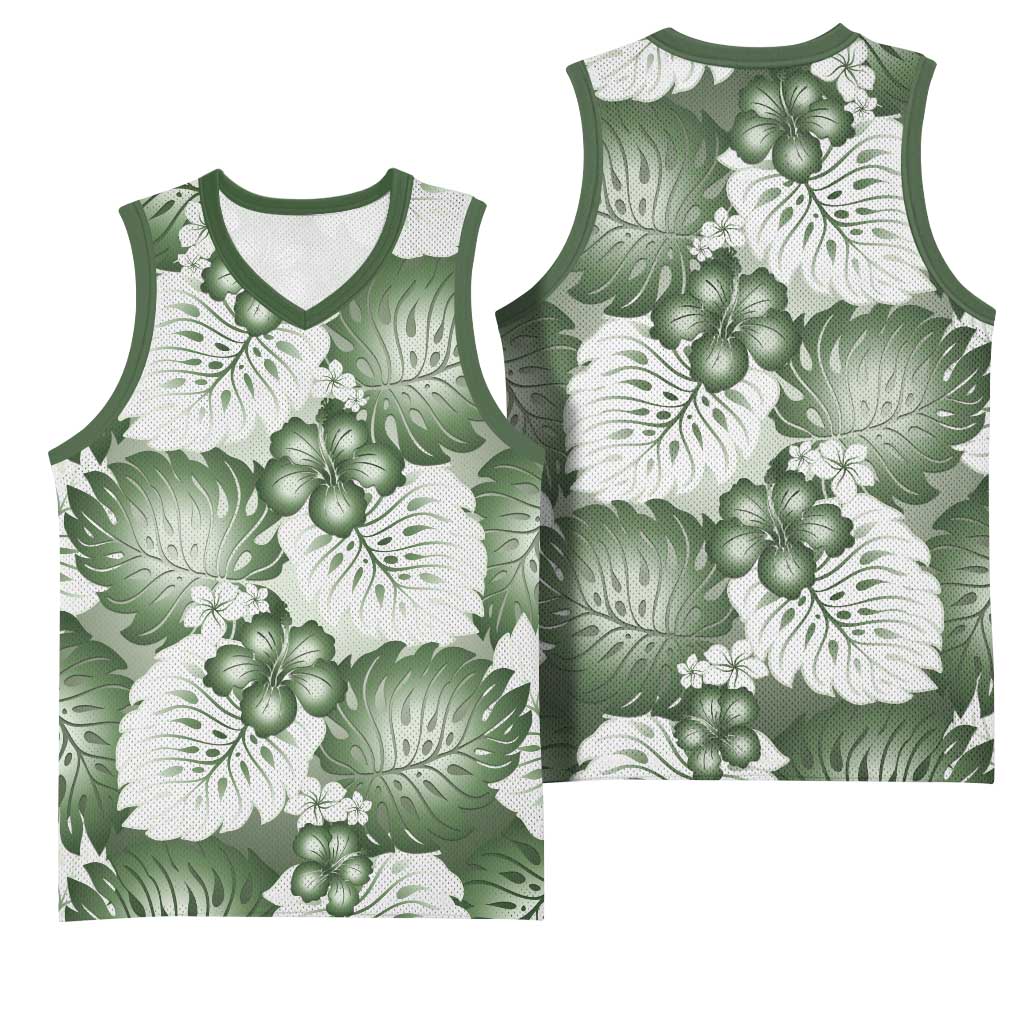 Sage Green Aloha Hawaii Basketball Jersey Monstera Hibiscus Plumeria Seamless Vibes - Polynesian Pride