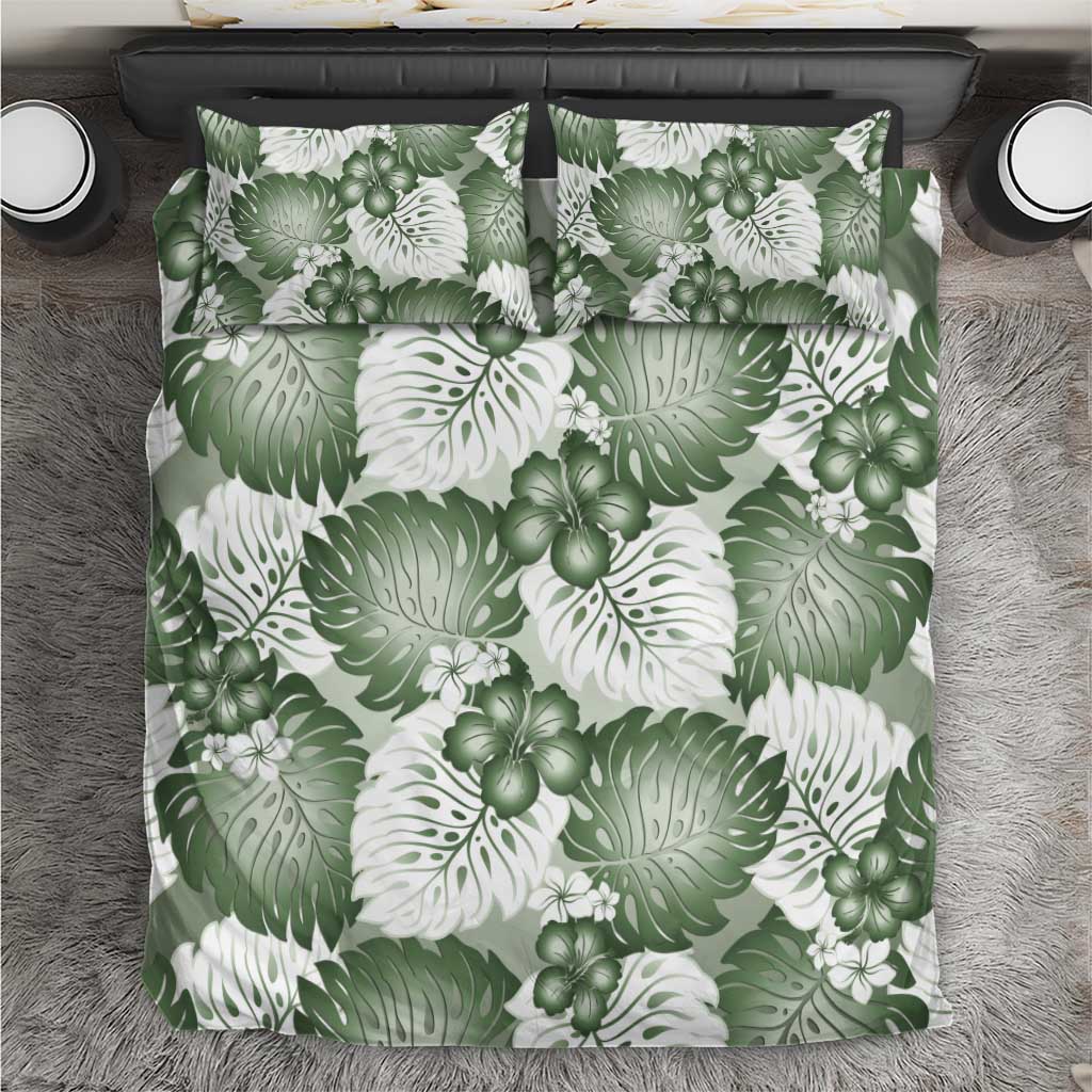 Sage Green Aloha Hawaii Bedding Set Monstera Hibiscus Plumeria Seamless Vibes - Polynesian Pride