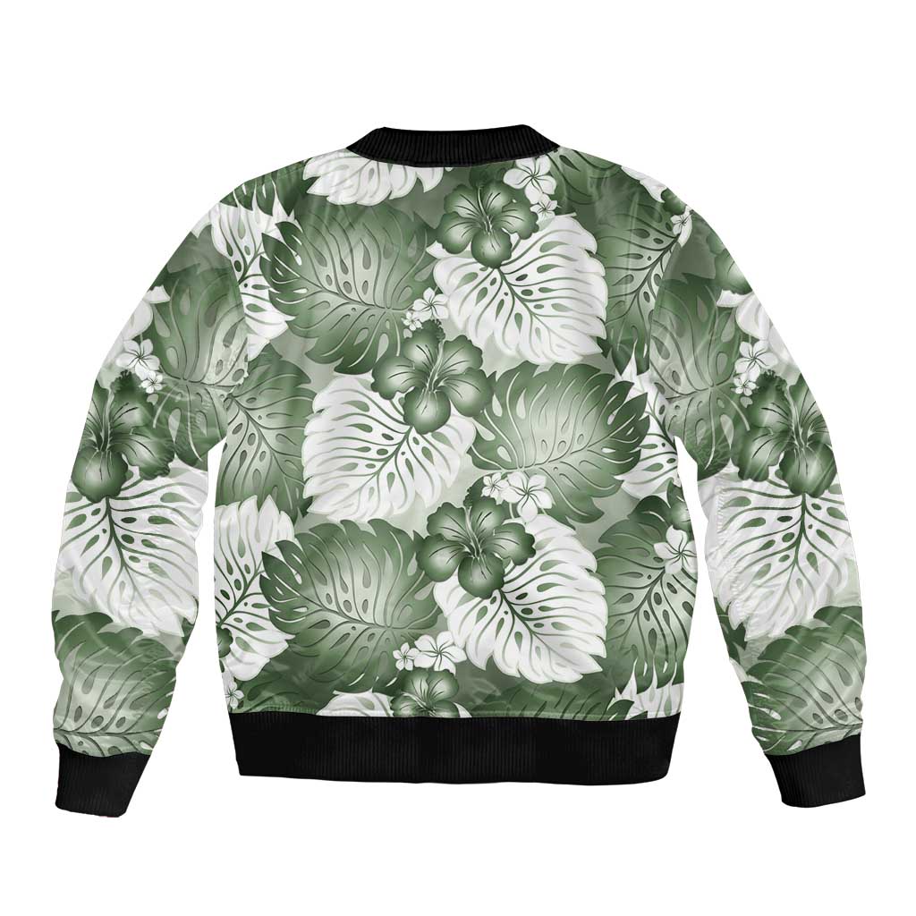 Sage Green Aloha Hawaii Bomber Jacket Monstera Hibiscus Plumeria Seamless Vibes - Polynesian Pride