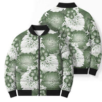 Sage Green Aloha Hawaii Bomber Puffer Jacket Monstera Hibiscus Plumeria Seamless Vibes - Polynesian Pride