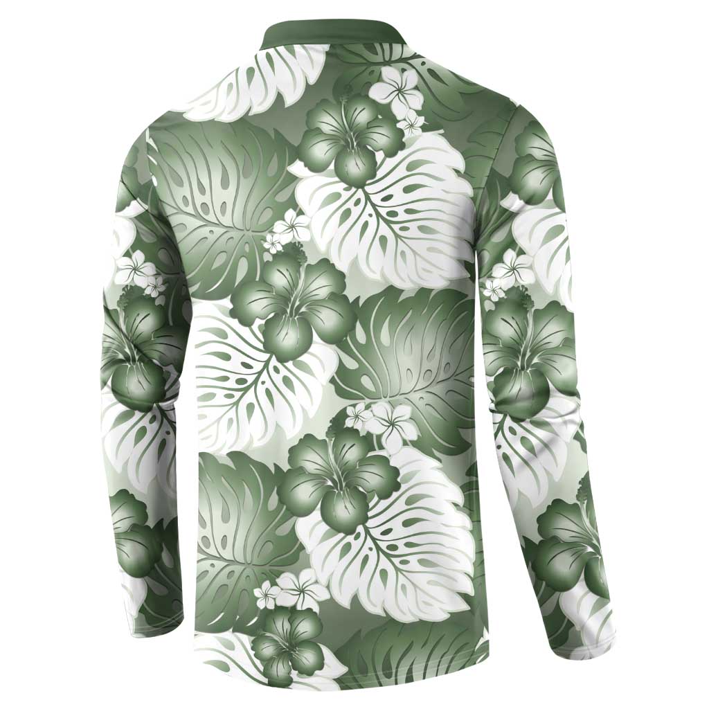 Sage Green Aloha Hawaii Button Sweatshirt Monstera Hibiscus Plumeria Seamless Vibes - Polynesian Pride