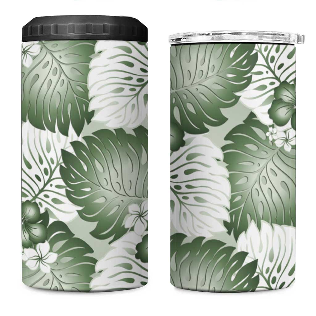Sage Green Aloha Hawaii 4 in 1 Can Cooler Tumbler Monstera Hibiscus Plumeria Seamless Vibes - Polynesian Pride