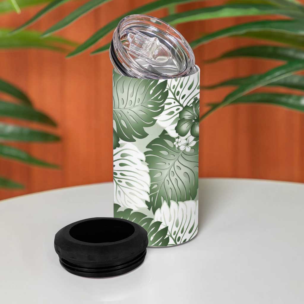 Sage Green Aloha Hawaii 4 in 1 Can Cooler Tumbler Monstera Hibiscus Plumeria Seamless Vibes - Polynesian Pride