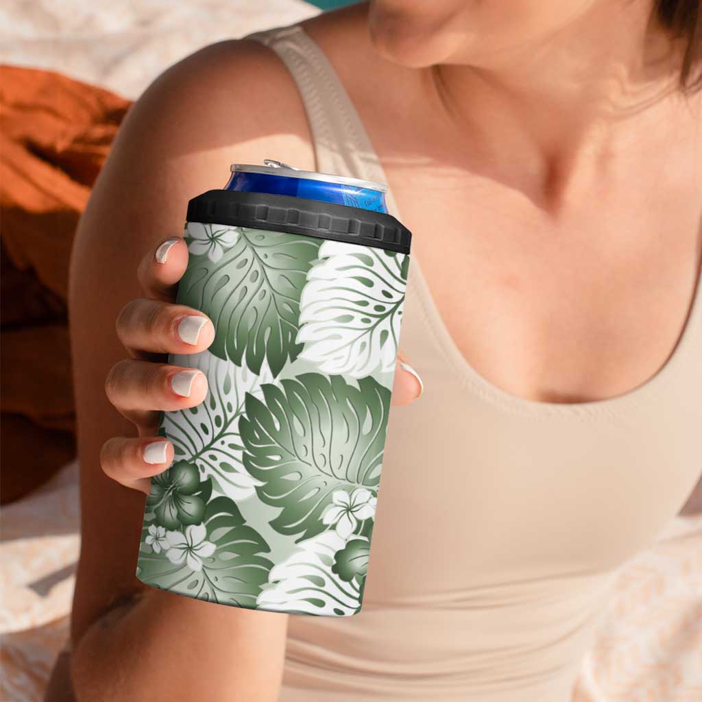 Sage Green Aloha Hawaii 4 in 1 Can Cooler Tumbler Monstera Hibiscus Plumeria Seamless Vibes - Polynesian Pride
