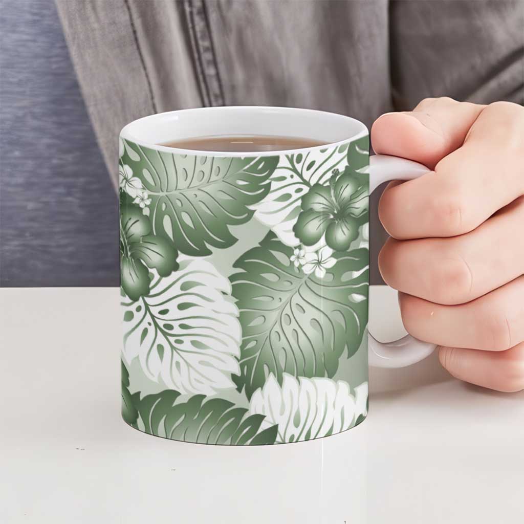 Sage Green Aloha Hawaii Ceramic Mug Monstera Hibiscus Plumeria Seamless Vibes - Polynesian Pride
