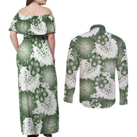 Sage Green Aloha Hawaii Couples Matching Off Shoulder Maxi Dress and Long Sleeve Button Shirt Monstera Hibiscus Plumeria Seamless Vibes - Polynesian Pride