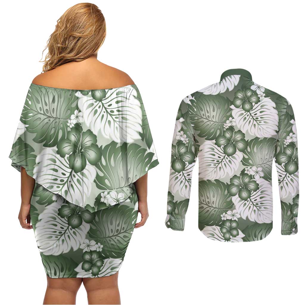 Sage Green Aloha Hawaii Couples Matching Off Shoulder Short Dress and Long Sleeve Button Shirt Monstera Hibiscus Plumeria Seamless Vibes - Polynesian Pride