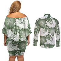 Sage Green Aloha Hawaii Couples Matching Off Shoulder Short Dress and Long Sleeve Button Shirt Monstera Hibiscus Plumeria Seamless Vibes - Polynesian Pride