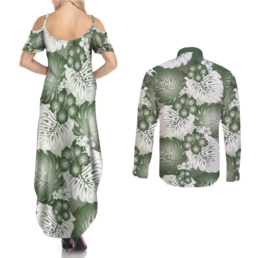 Sage Green Aloha Hawaii Couples Matching Summer Maxi Dress and Long Sleeve Button Shirt Monstera Hibiscus Plumeria Seamless Vibes - Polynesian Pride