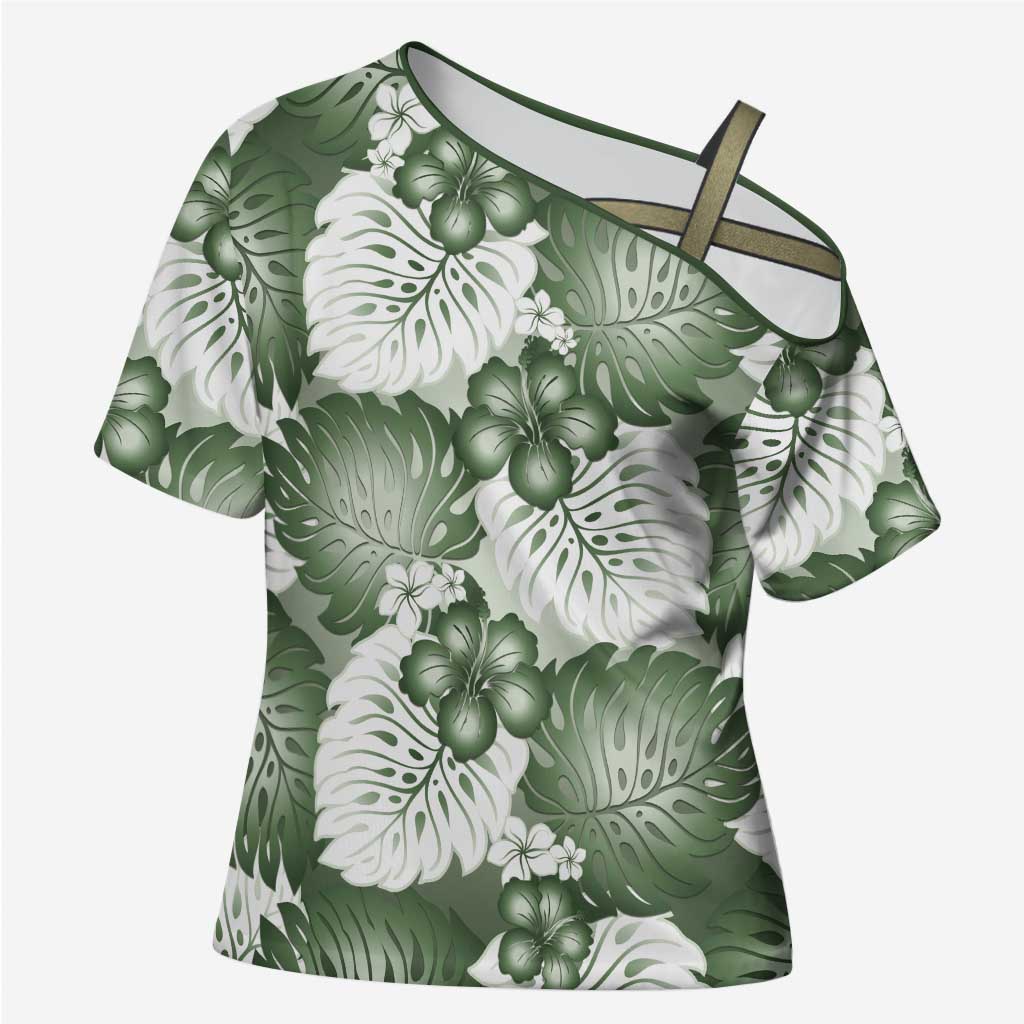 Sage Green Aloha Hawaii Cross Shoulder Shirt Monstera Hibiscus Plumeria Seamless Vibes - Polynesian Pride