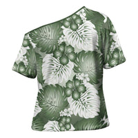 Sage Green Aloha Hawaii Cross Shoulder Shirt Monstera Hibiscus Plumeria Seamless Vibes - Polynesian Pride