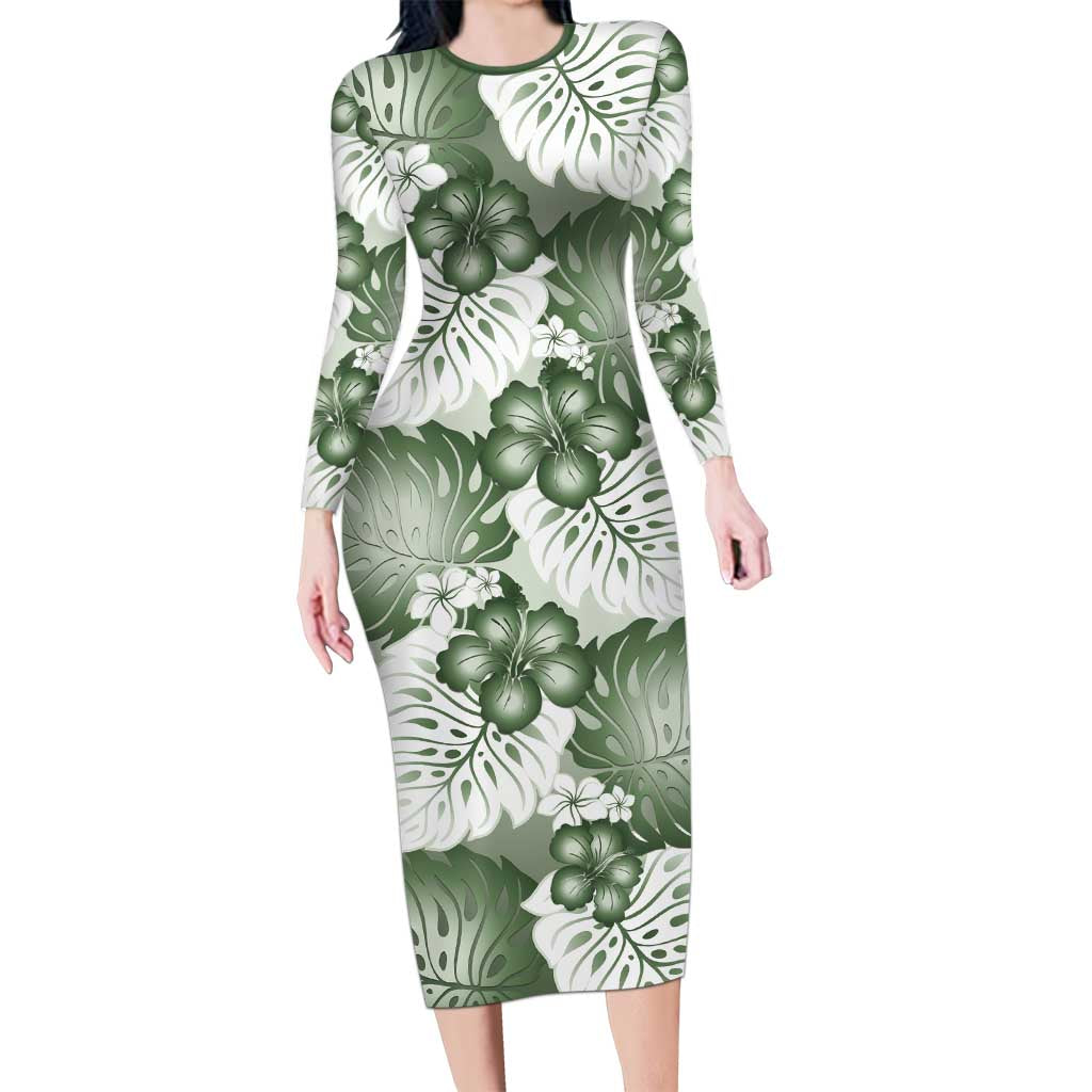 Sage Green Aloha Hawaii Family Matching Long Sleeve Bodycon Dress and Hawaiian Shirt Monstera Hibiscus Plumeria Seamless Vibes - Polynesian Pride