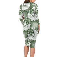 Sage Green Aloha Hawaii Family Matching Long Sleeve Bodycon Dress and Hawaiian Shirt Monstera Hibiscus Plumeria Seamless Vibes - Polynesian Pride