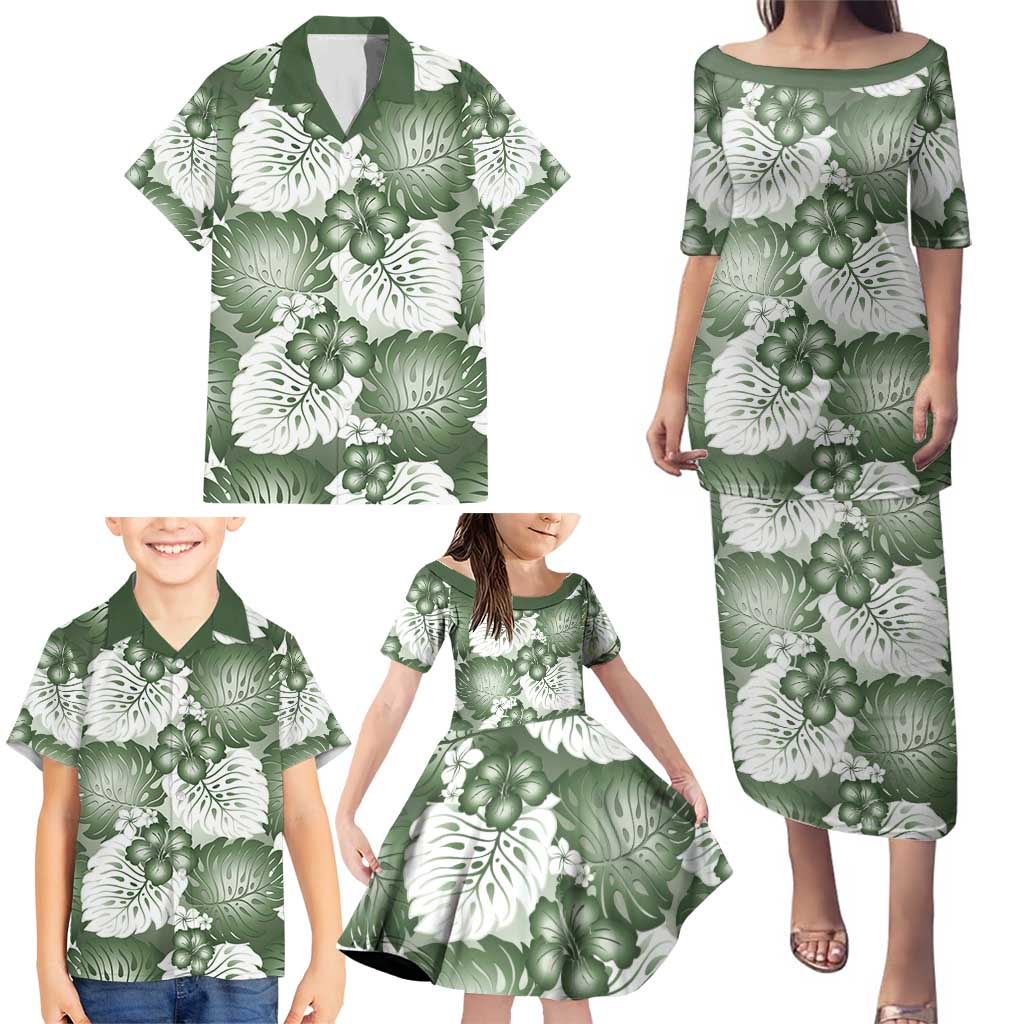 Sage Green Aloha Hawaii Family Matching Puletasi and Hawaiian Shirt Monstera Hibiscus Plumeria Seamless Vibes - Polynesian Pride