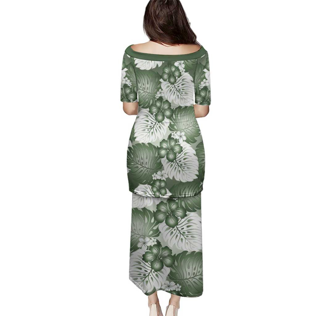 Sage Green Aloha Hawaii Family Matching Puletasi and Hawaiian Shirt Monstera Hibiscus Plumeria Seamless Vibes - Polynesian Pride