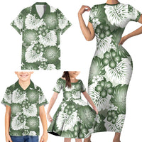 Sage Green Aloha Hawaii Family Matching Short Sleeve Bodycon Dress and Hawaiian Shirt Monstera Hibiscus Plumeria Seamless Vibes - Polynesian Pride