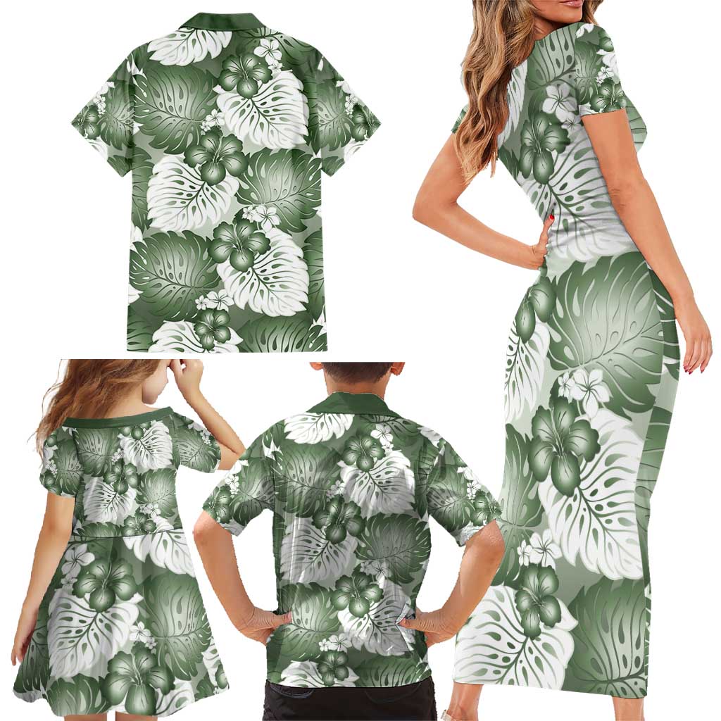 Sage Green Aloha Hawaii Family Matching Short Sleeve Bodycon Dress and Hawaiian Shirt Monstera Hibiscus Plumeria Seamless Vibes - Polynesian Pride