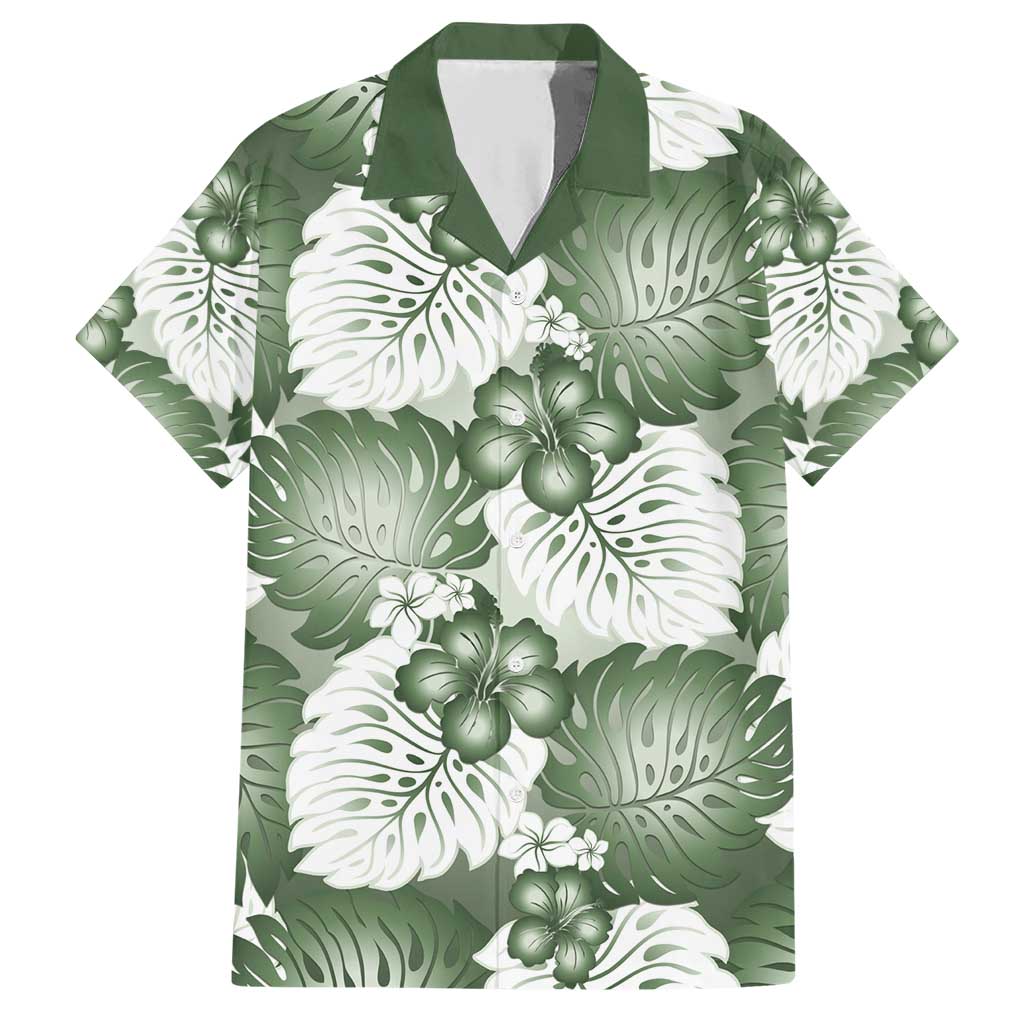 Sage Green Aloha Hawaii Family Matching Short Sleeve Bodycon Dress and Hawaiian Shirt Monstera Hibiscus Plumeria Seamless Vibes - Polynesian Pride