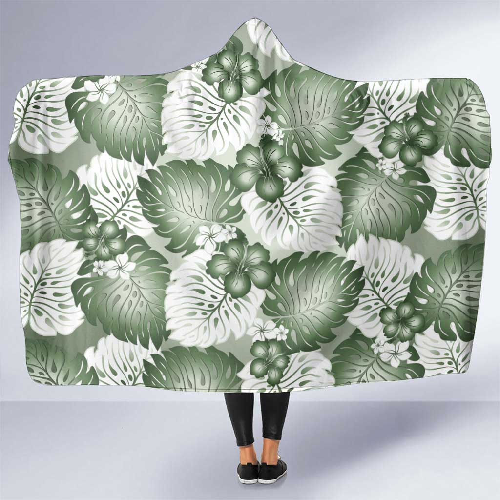 Sage Green Aloha Hawaii Hooded Blanket Monstera Hibiscus Plumeria Seamless Vibes - Polynesian Pride