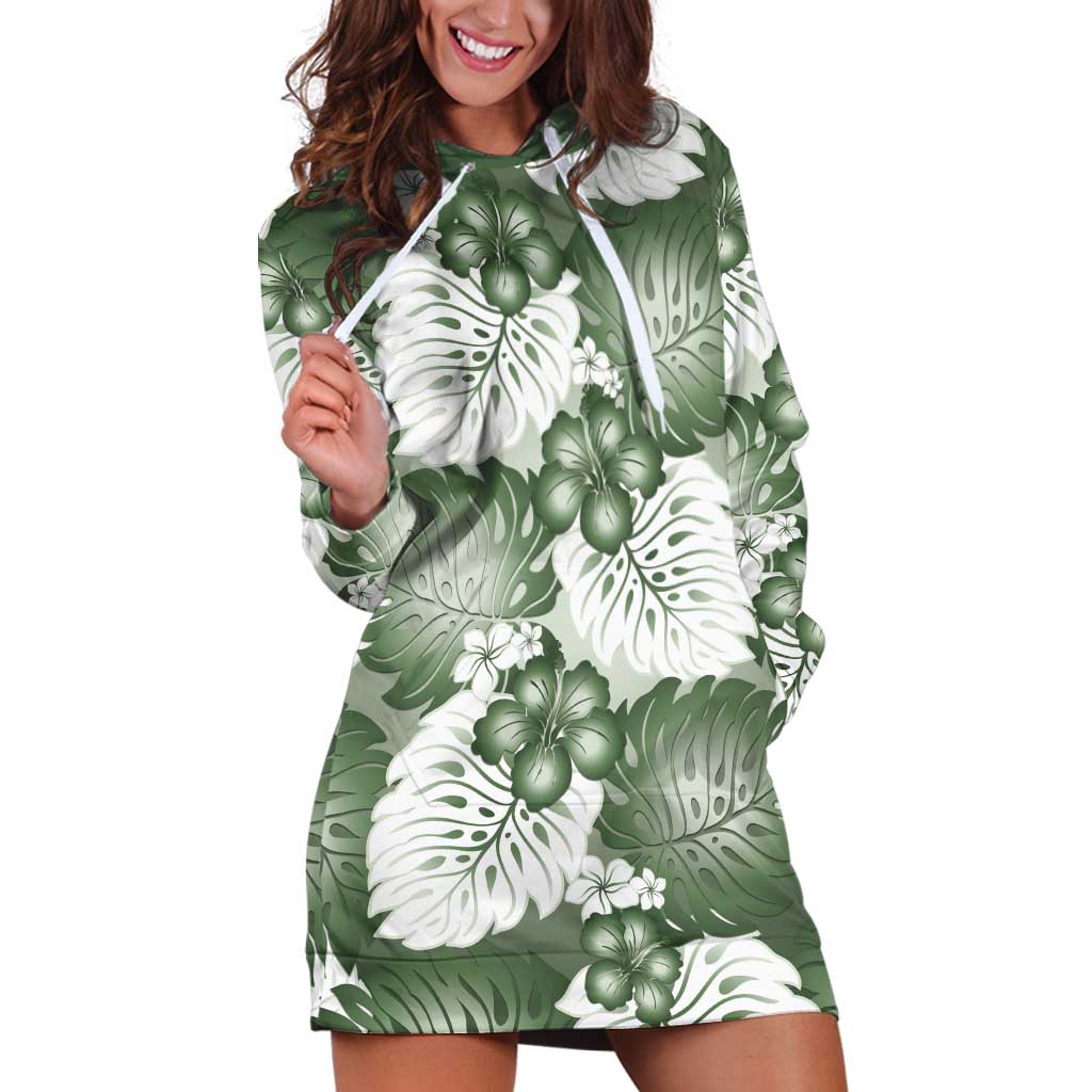 Sage Green Aloha Hawaii Hoodie Dress Monstera Hibiscus Plumeria Seamless Vibes - Polynesian Pride
