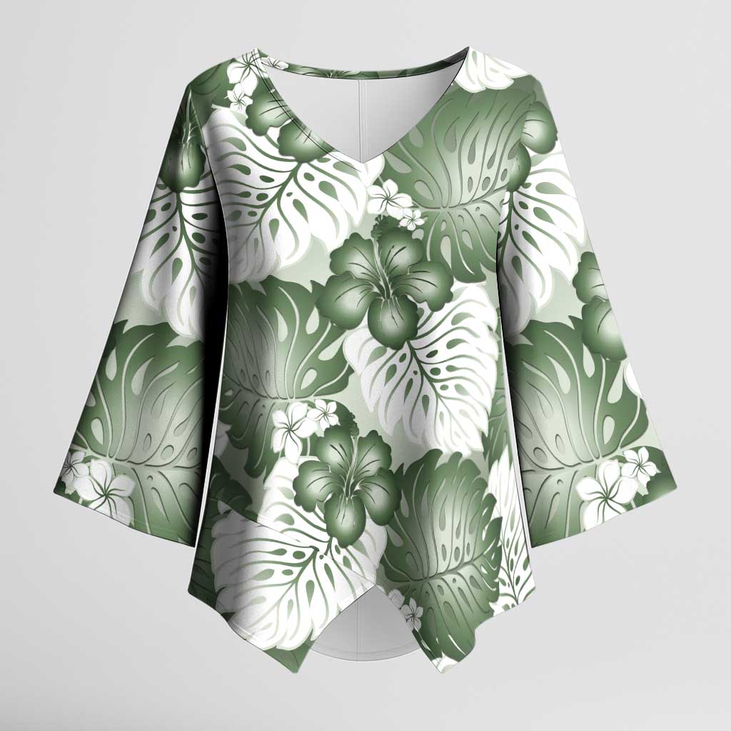 Sage Green Aloha Hawaii Kimono Sleeve Blouse Monstera Hibiscus Plumeria Seamless Vibes - Polynesian Pride