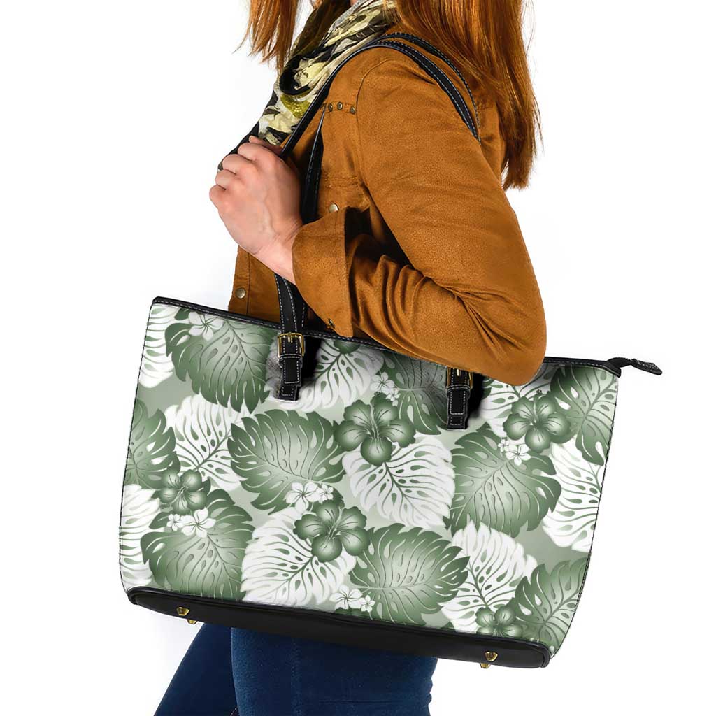 Sage Green Aloha Hawaii Leather Tote Bag Monstera Hibiscus Plumeria Seamless Vibes - Polynesian Pride