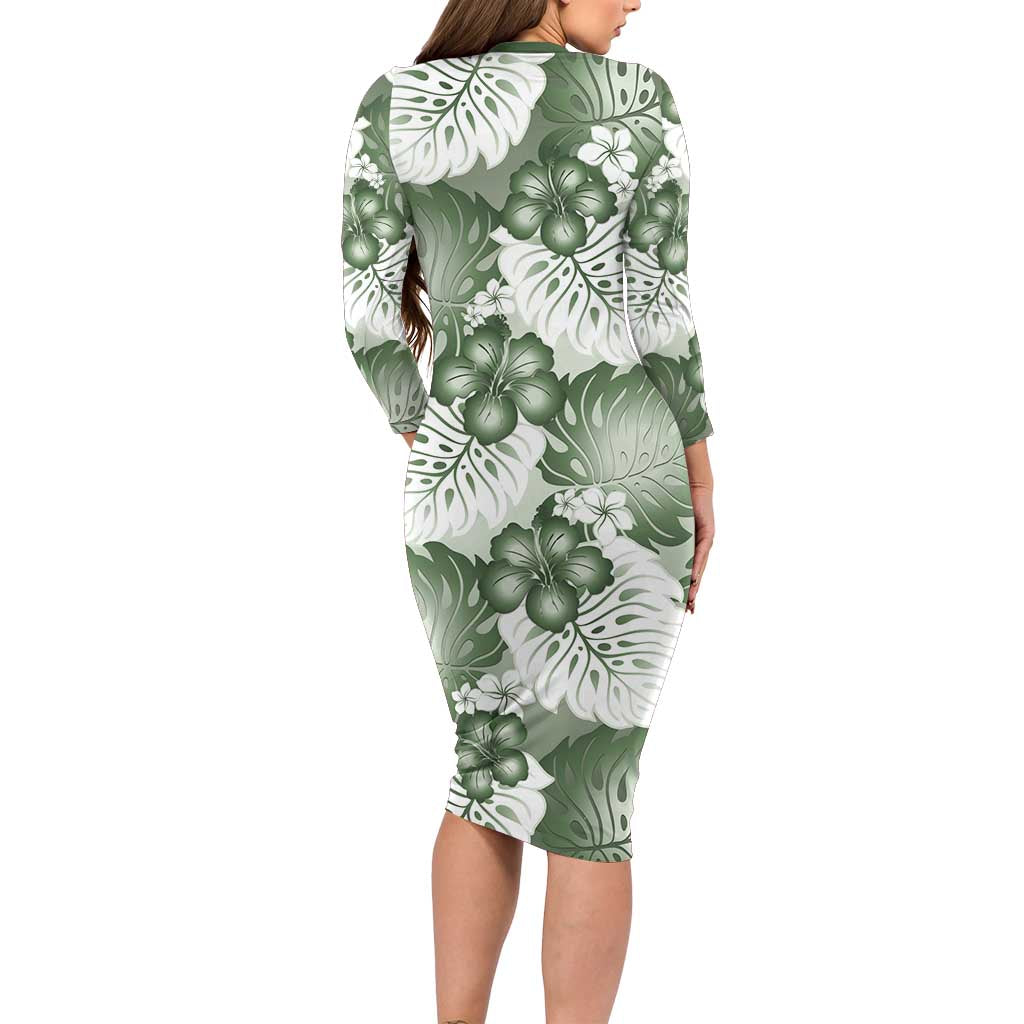 Sage Green Aloha Hawaii Long Sleeve Bodycon Dress Monstera Hibiscus Plumeria Seamless Vibes - Polynesian Pride