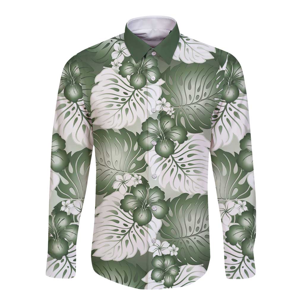 Sage Green Aloha Hawaii Long Sleeve Button Shirt Monstera Hibiscus Plumeria Seamless Vibes LT14 Unisex Sage Green - Polynesian Pride