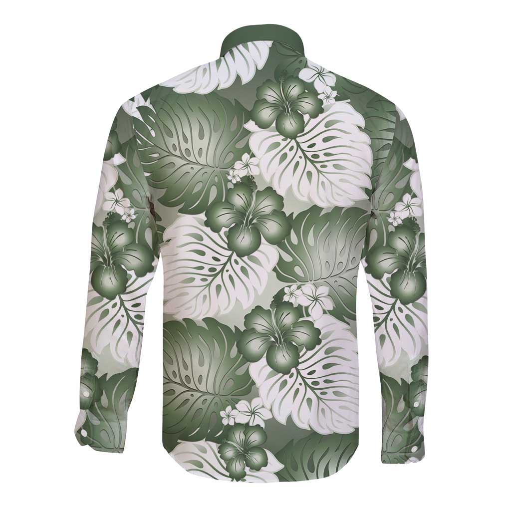 Sage Green Aloha Hawaii Long Sleeve Button Shirt Monstera Hibiscus Plumeria Seamless Vibes LT14 - Polynesian Pride