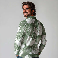 Sage Green Aloha Hawaii Long Sleeve Polo Shirt Monstera Hibiscus Plumeria Seamless Vibes - Polynesian Pride