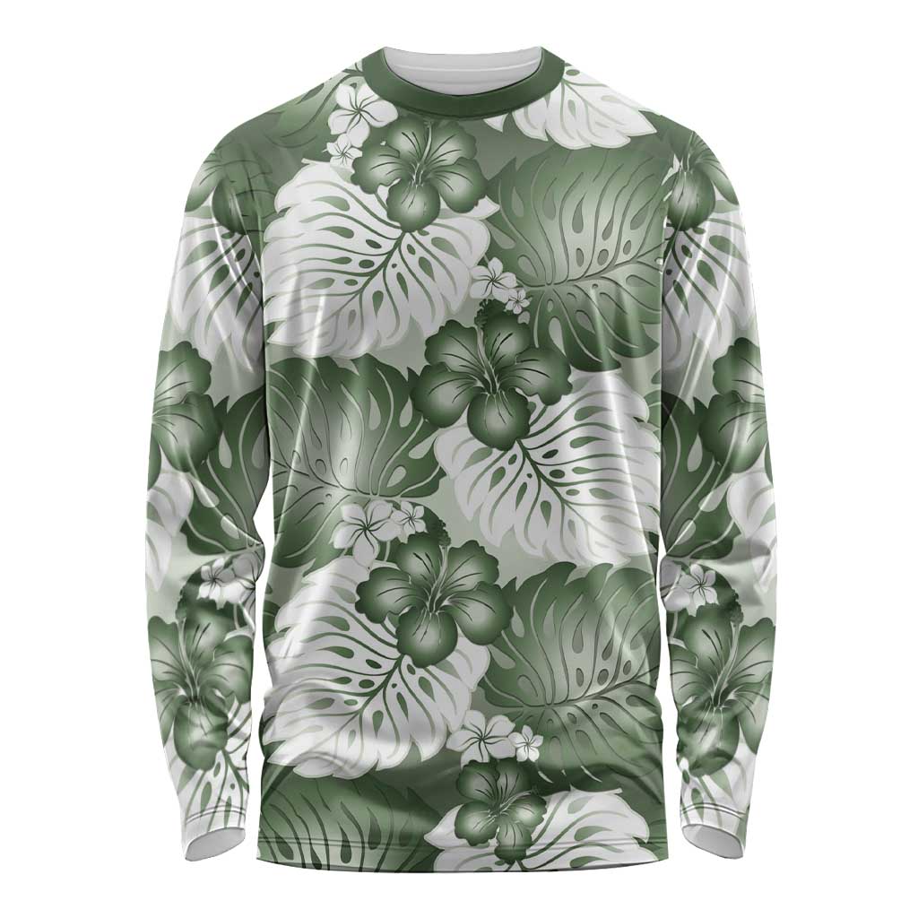 Sage Green Aloha Hawaii Long Sleeve Shirt Monstera Hibiscus Plumeria Seamless Vibes LT14 Unisex Sage Green - Polynesian Pride