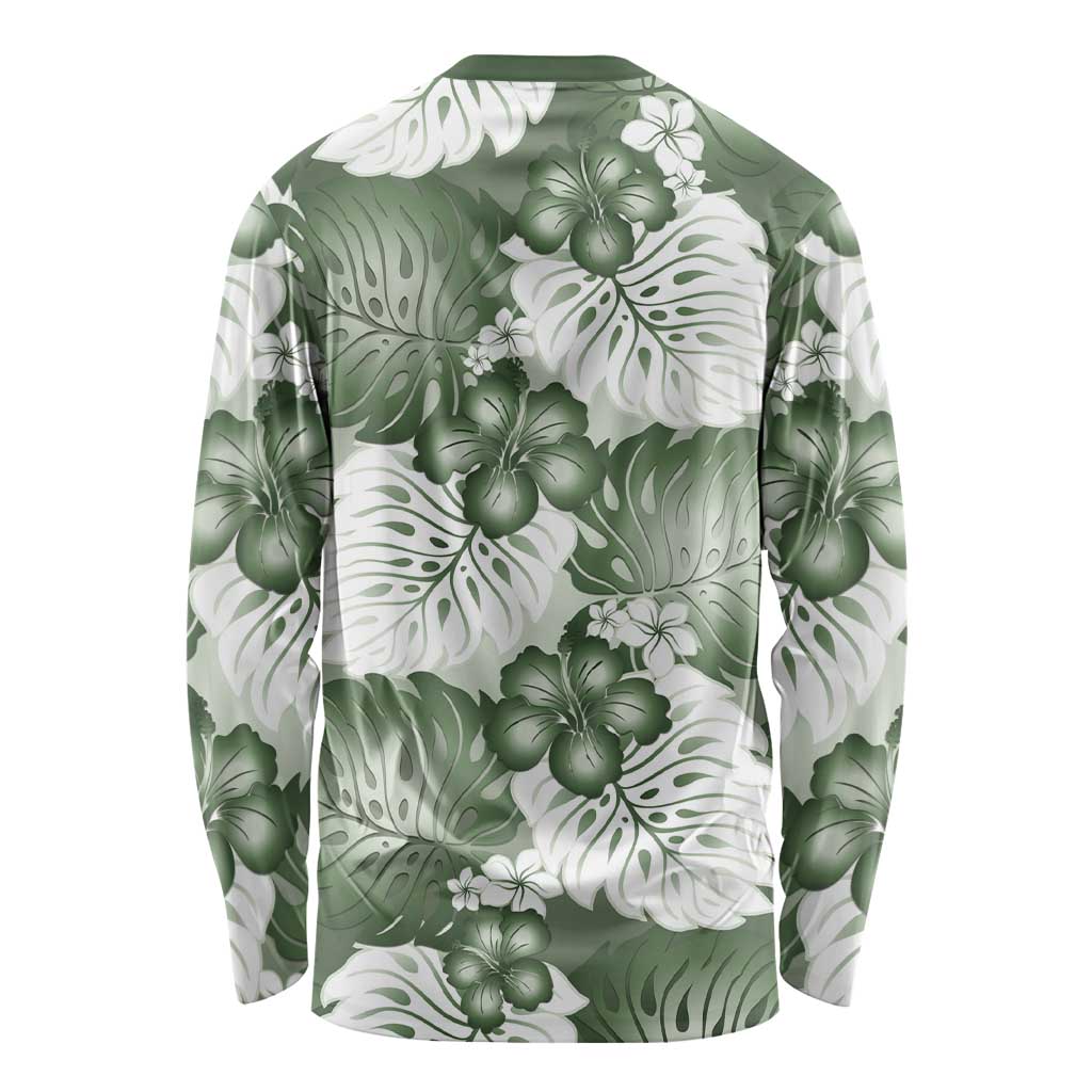 Sage Green Aloha Hawaii Long Sleeve Shirt Monstera Hibiscus Plumeria Seamless Vibes LT14 - Polynesian Pride