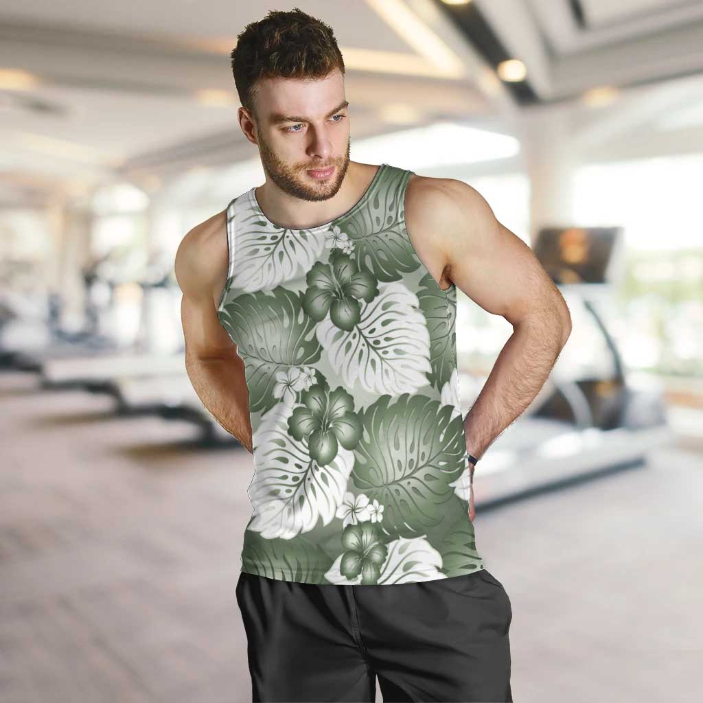 Sage Green Aloha Hawaii Men Tank Top Monstera Hibiscus Plumeria Seamless Vibes LT14 Sage Green - Polynesian Pride