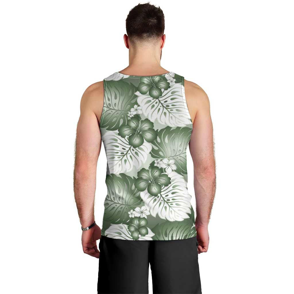 Sage Green Aloha Hawaii Men Tank Top Monstera Hibiscus Plumeria Seamless Vibes LT14 - Polynesian Pride