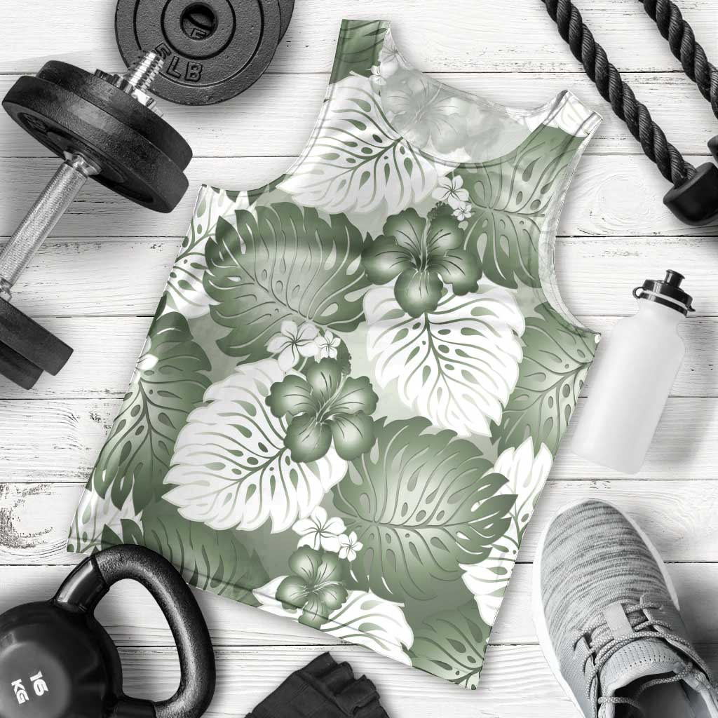 Sage Green Aloha Hawaii Men Tank Top Monstera Hibiscus Plumeria Seamless Vibes LT14 - Polynesian Pride