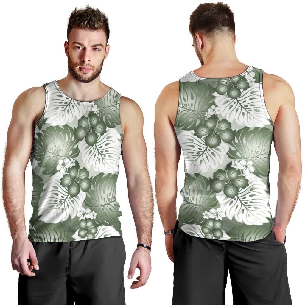 Sage Green Aloha Hawaii Men Tank Top Monstera Hibiscus Plumeria Seamless Vibes LT14 - Polynesian Pride