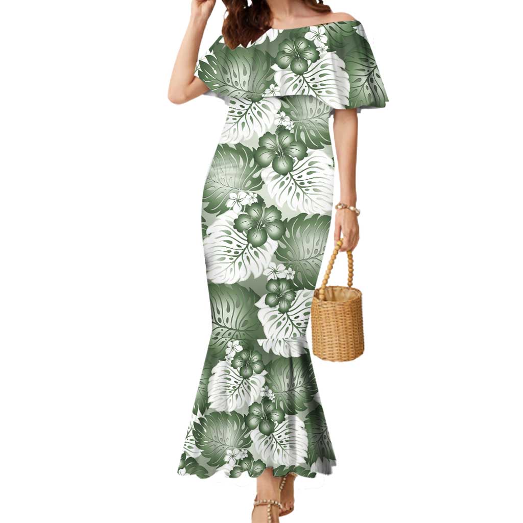 Sage Green Aloha Hawaii Mermaid Dress Monstera Hibiscus Plumeria Seamless Vibes - Polynesian Pride