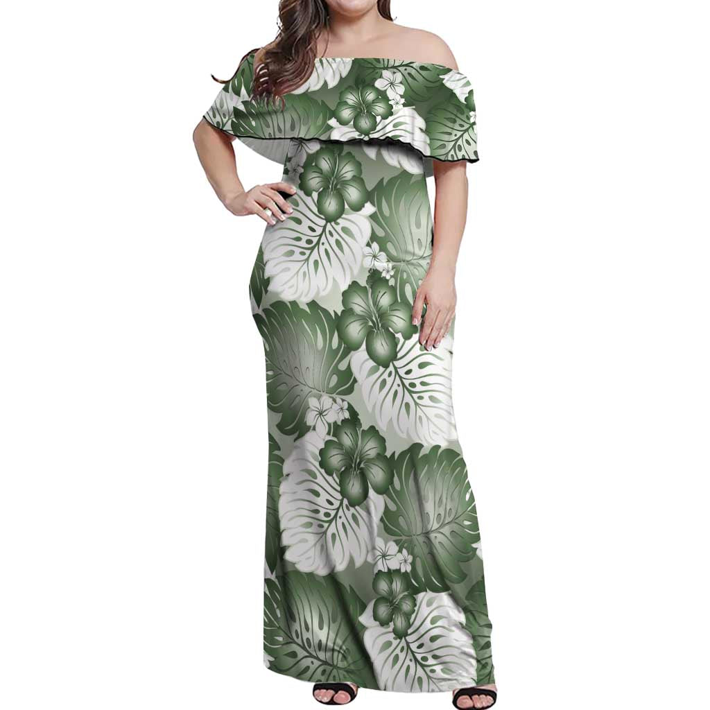 Sage Green Aloha Hawaii Off Shoulder Maxi Dress Monstera Hibiscus Plumeria Seamless Vibes - Polynesian Pride