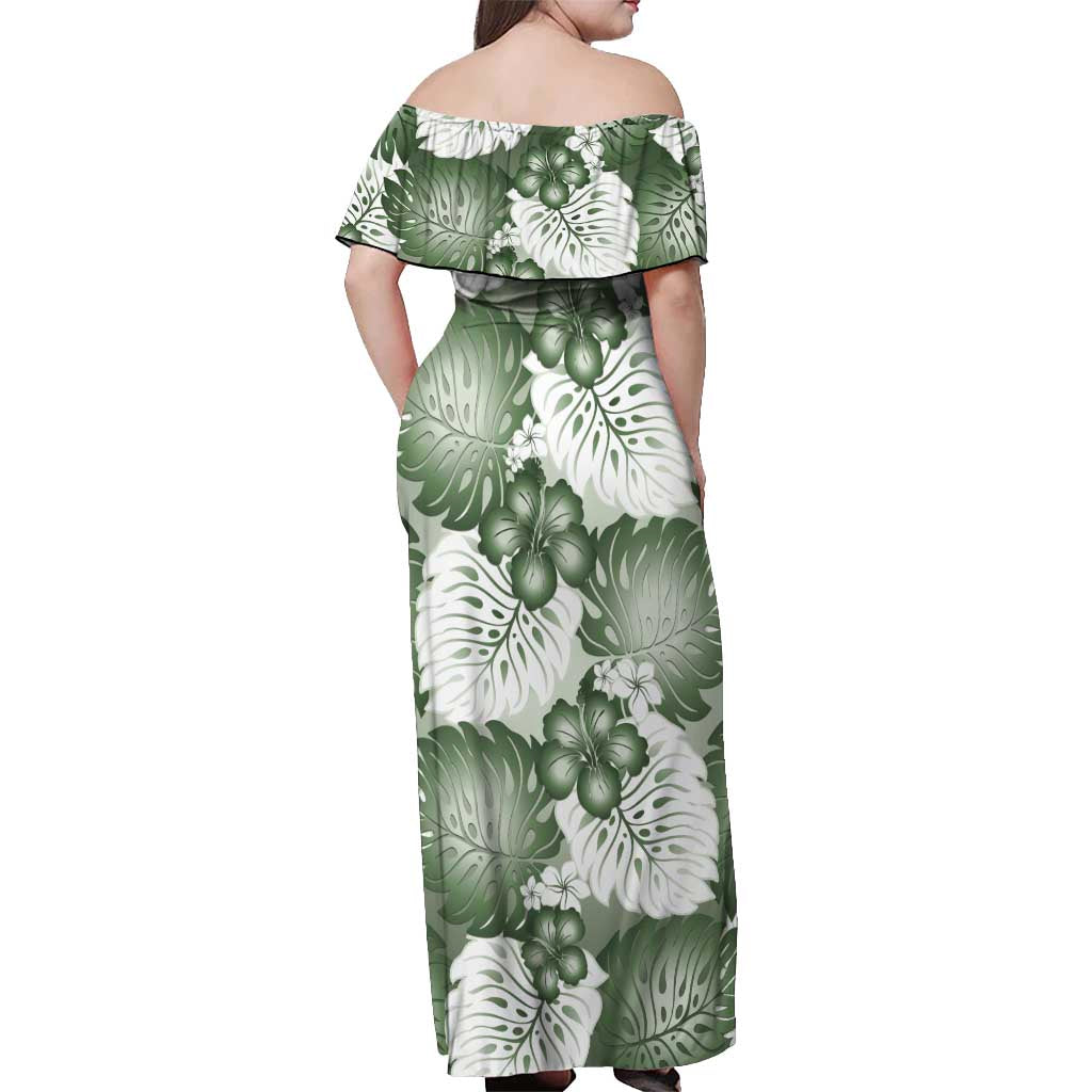 Sage Green Aloha Hawaii Off Shoulder Maxi Dress Monstera Hibiscus Plumeria Seamless Vibes - Polynesian Pride
