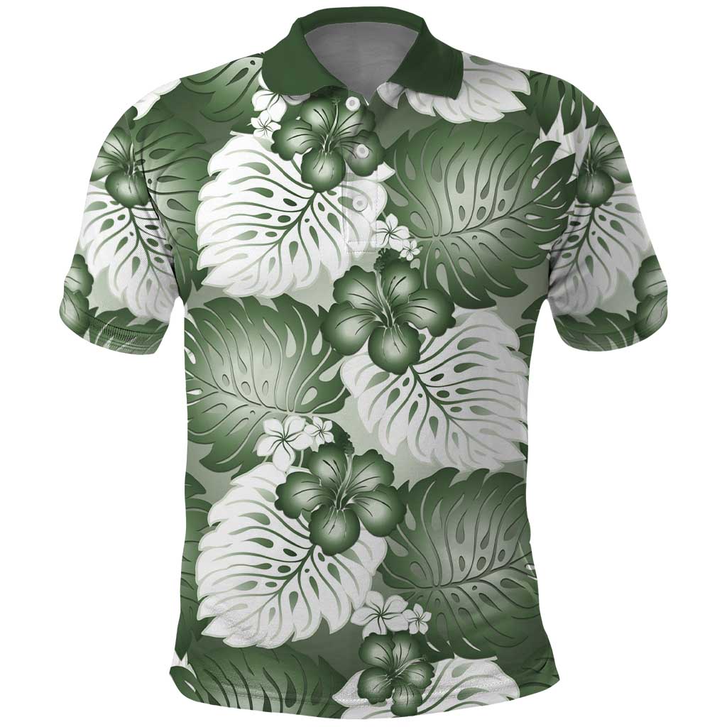 Sage Green Aloha Hawaii Polo Shirt Monstera Hibiscus Plumeria Seamless Vibes - Polynesian Pride