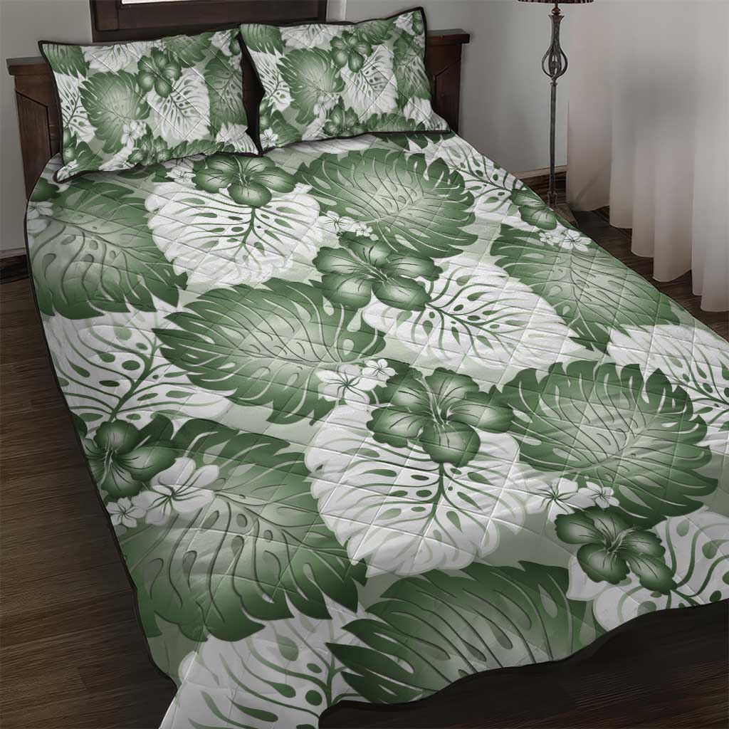 Sage Green Aloha Hawaii Quilt Bed Set Monstera Hibiscus Plumeria Seamless Vibes - Polynesian Pride